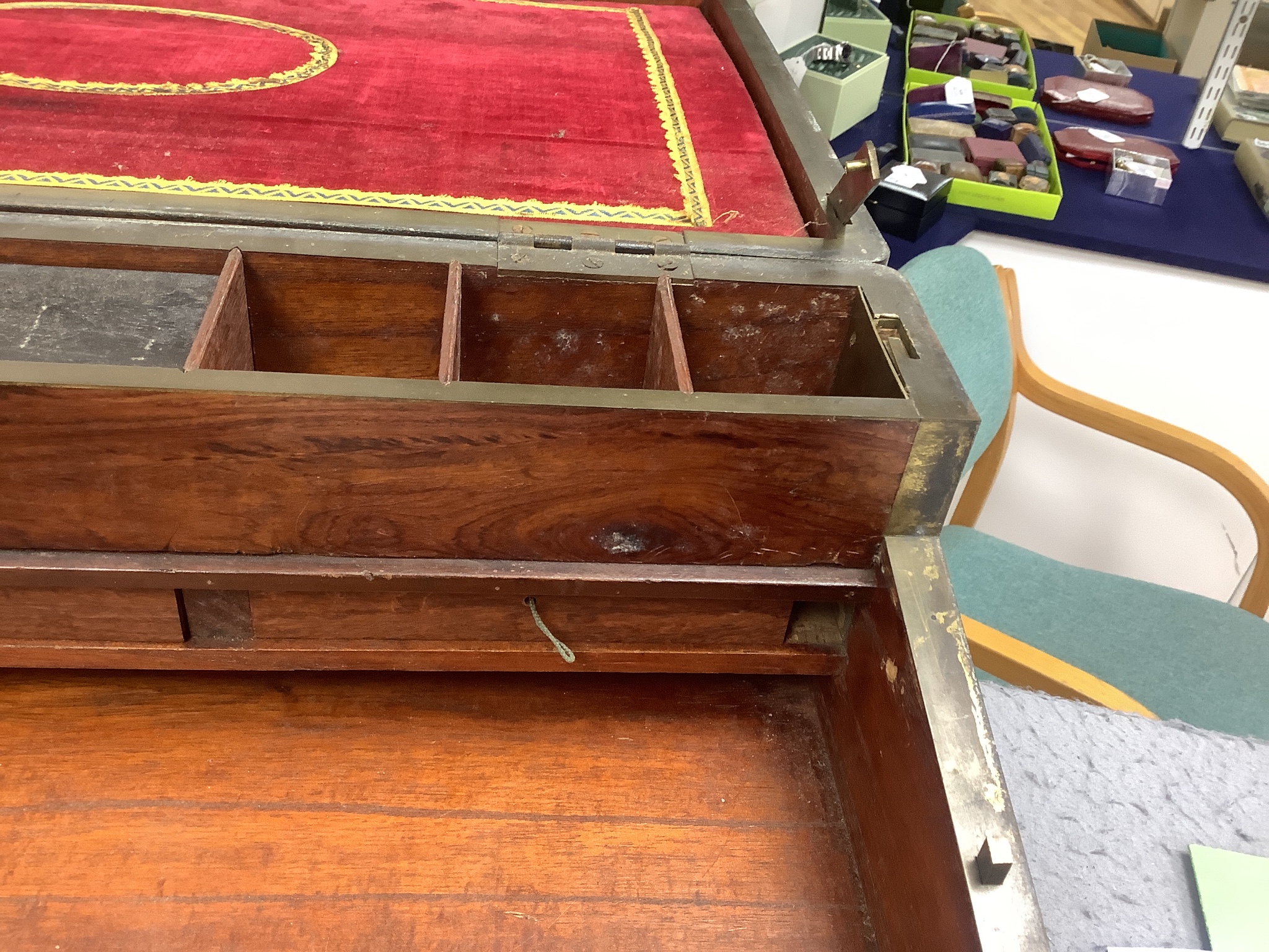 A rare large 19th century Chinese export amboyna veneered brass bound camphorwood and huanghuali writing slope, with green baize and red velvet lining,. 53cm wide